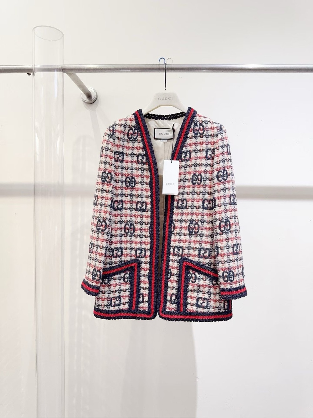 Gucci Tweed Open-Front Jacket in White, Navy & Red